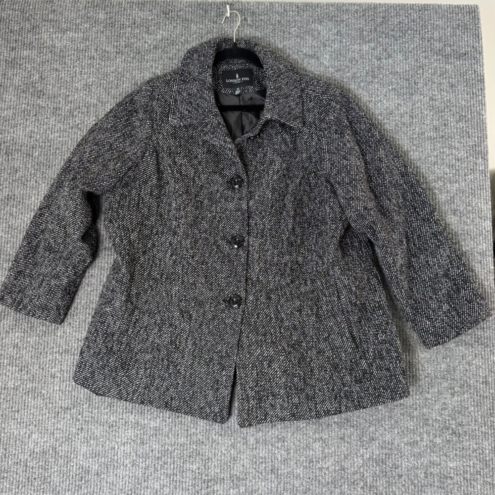 London‎ Fog Womens 1X Tweed Car Coat Jacket Wool Blend Black White Quiet Luxury